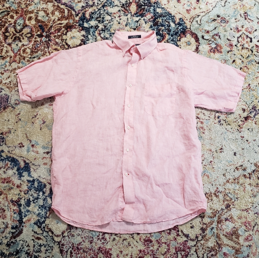 Cremieux Short Sleeve Linen Button Down Shirt Pastel Pink Men’s Size Large